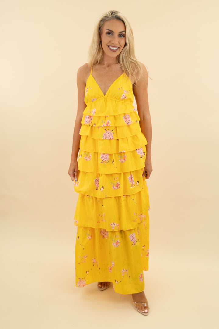 Buddy Love Yellow Floral Tiered Maxi Dress (s: retail $138)