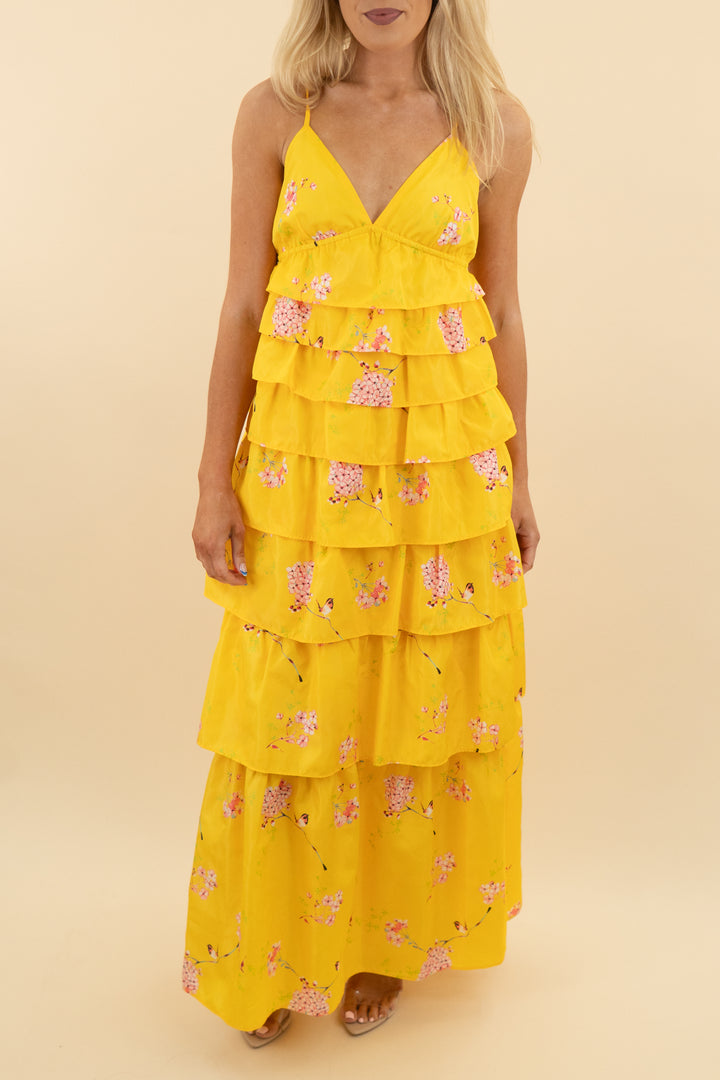 Buddy Love Yellow Floral Tiered Maxi Dress (s: retail $138)