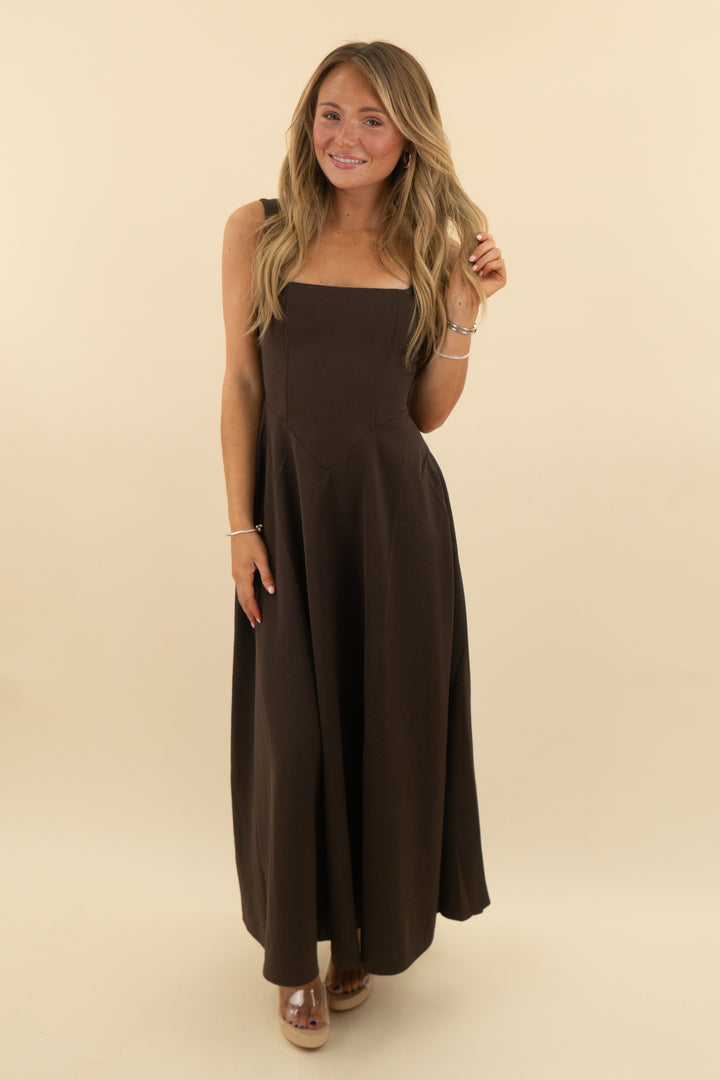 LEAU Brown Square Neck Corset Midi Dress nwt (s: retail $175)