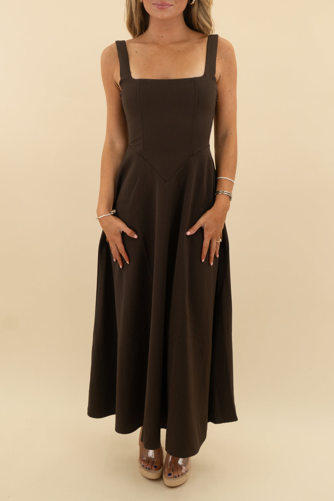 LEAU Brown Square Neck Corset Midi Dress nwt (s: retail $175)