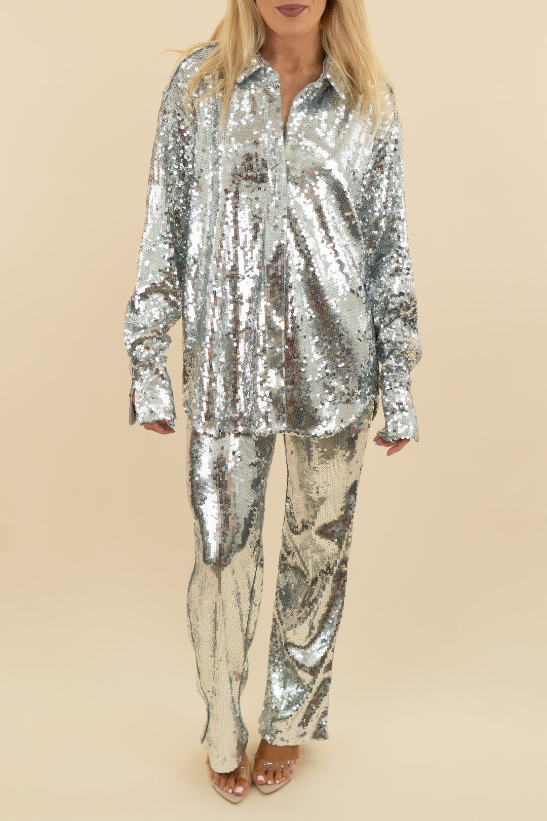 good american silver sequin button down top and pant set (2; retail $408)