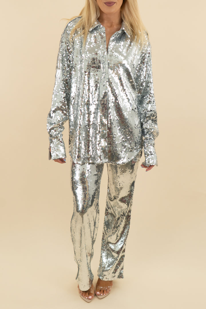 good american silver sequin button down top and pant set (2; retail $408)