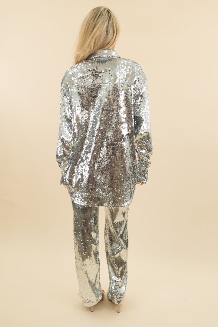 good american silver sequin button down top and pant set (2; retail $408)
