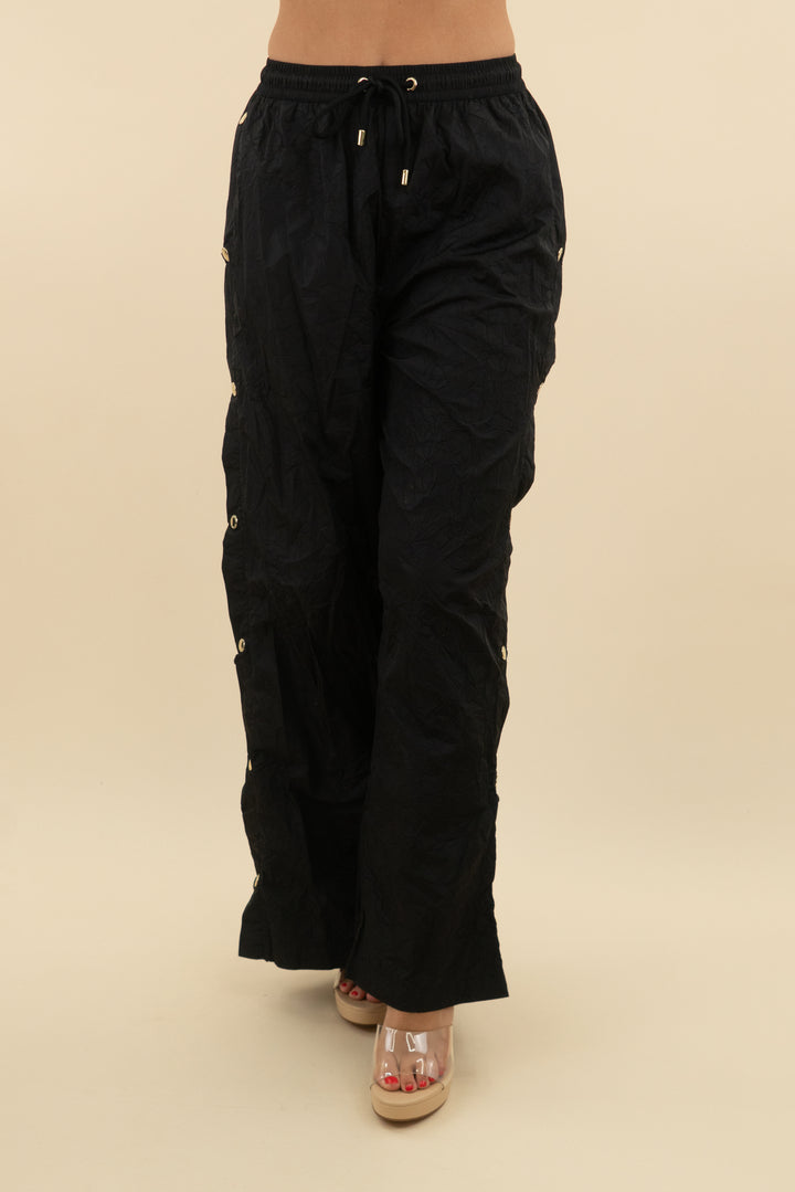 p.e nation black track pants with gold buttons (s; retail $128)