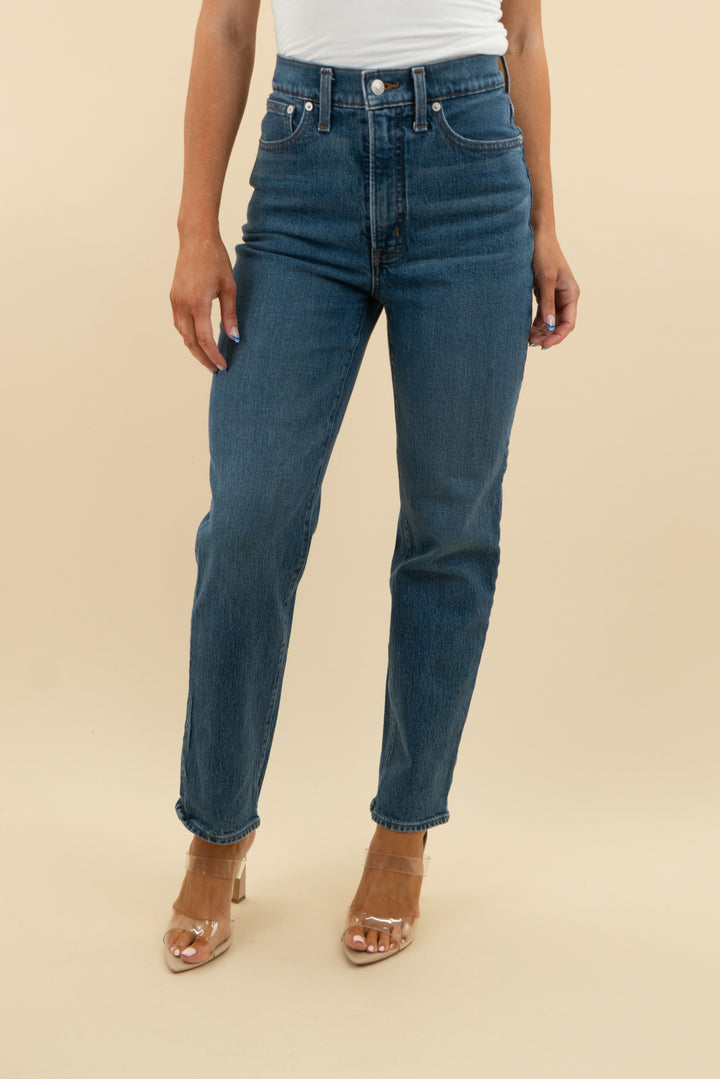madewell medium wash straight jean (27; retail $128)