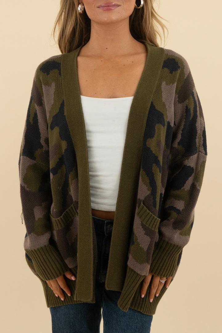 mustard seed green and brown camo cardigan (s; retail $62)