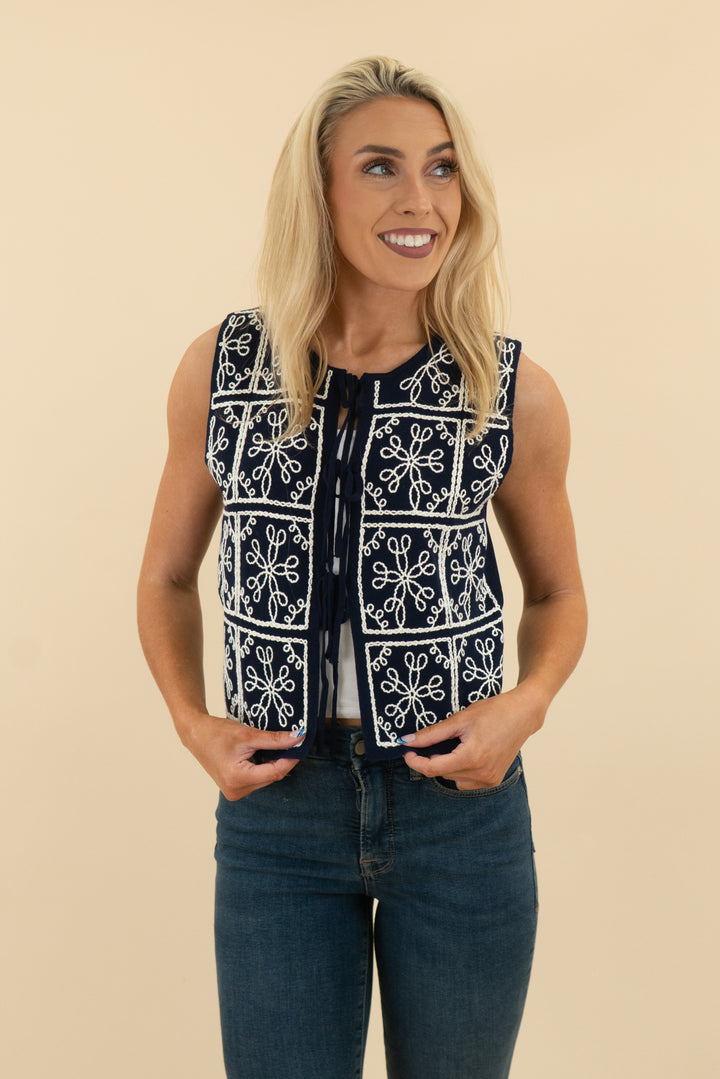 anna kay navy white stitching tie front vest (s; retail $548)