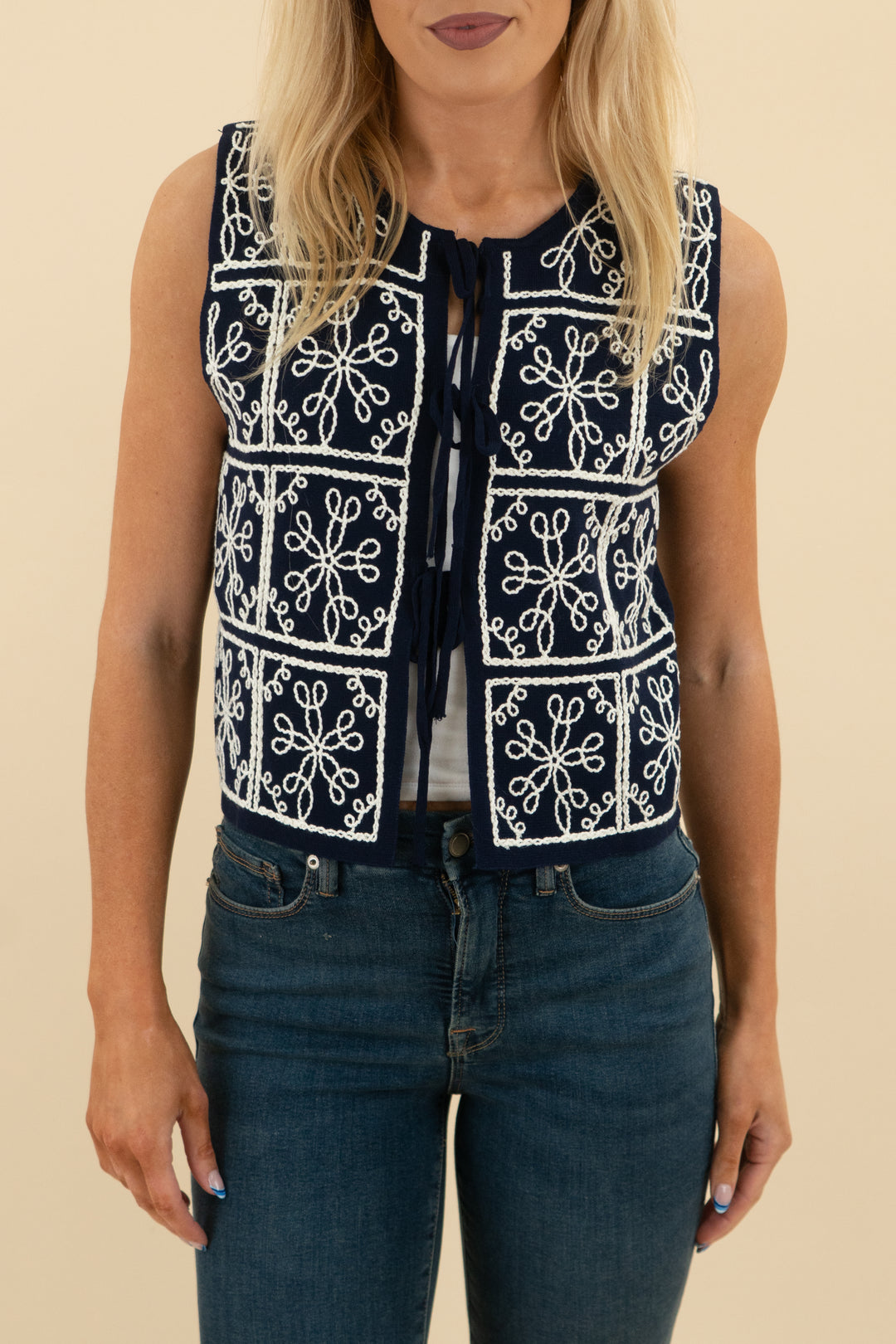 anna kay navy white stitching tie front vest (s; retail $548)