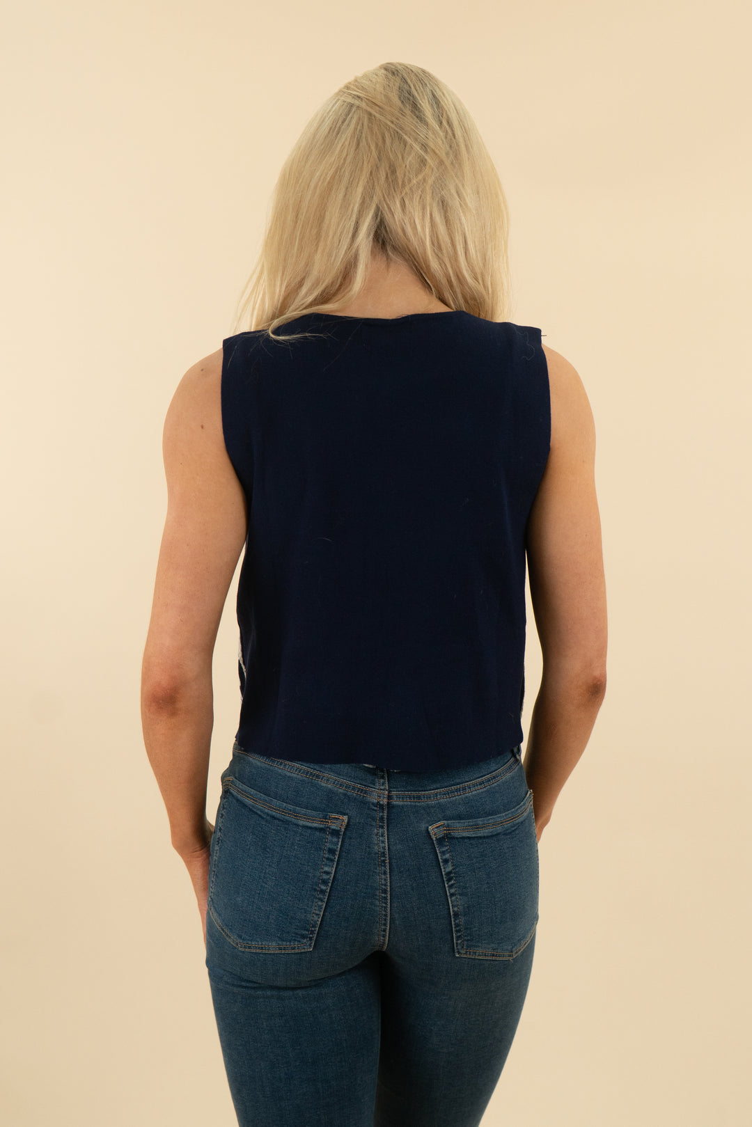 anna kay navy white stitching tie front vest (s; retail $548)