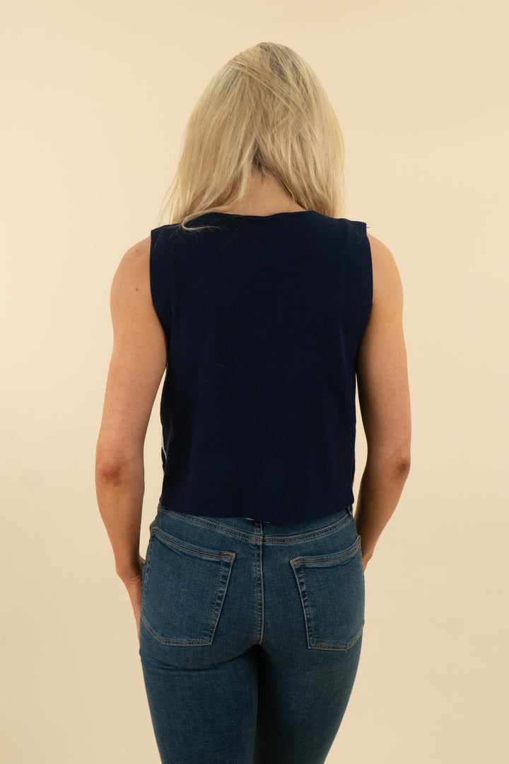 anna kay navy white stitching tie front vest (s; retail $548)
