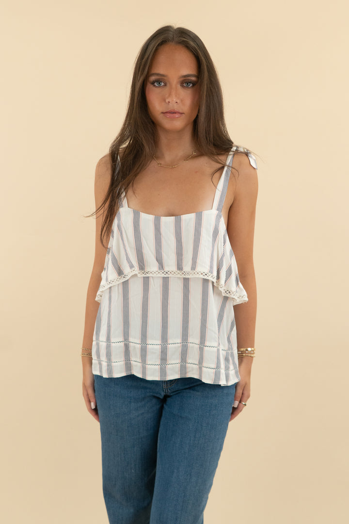 GF collection coral/grey striped ruffle sleeveless top nwt (s; retail $59)