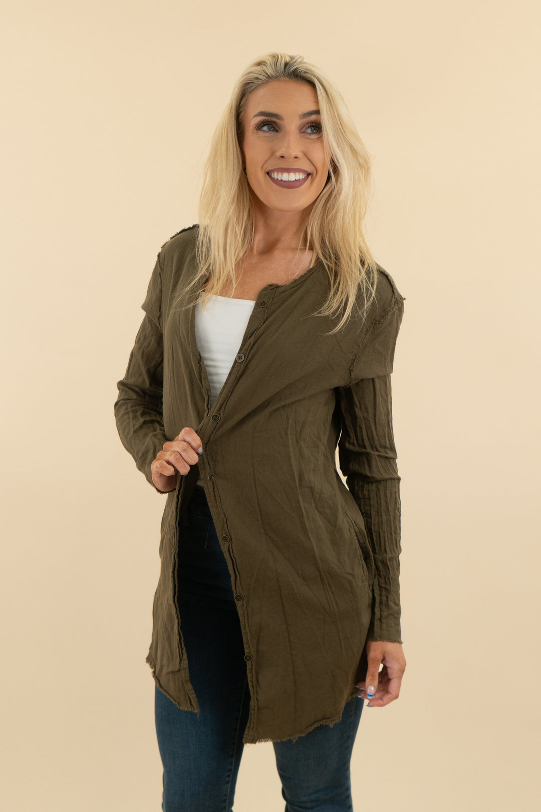 tribe kelley army green raw hem long sleeve button cardigan (s; retail $140)