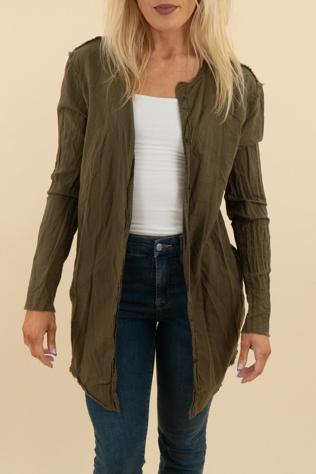 tribe kelley army green raw hem long sleeve button cardigan (s; retail $140)
