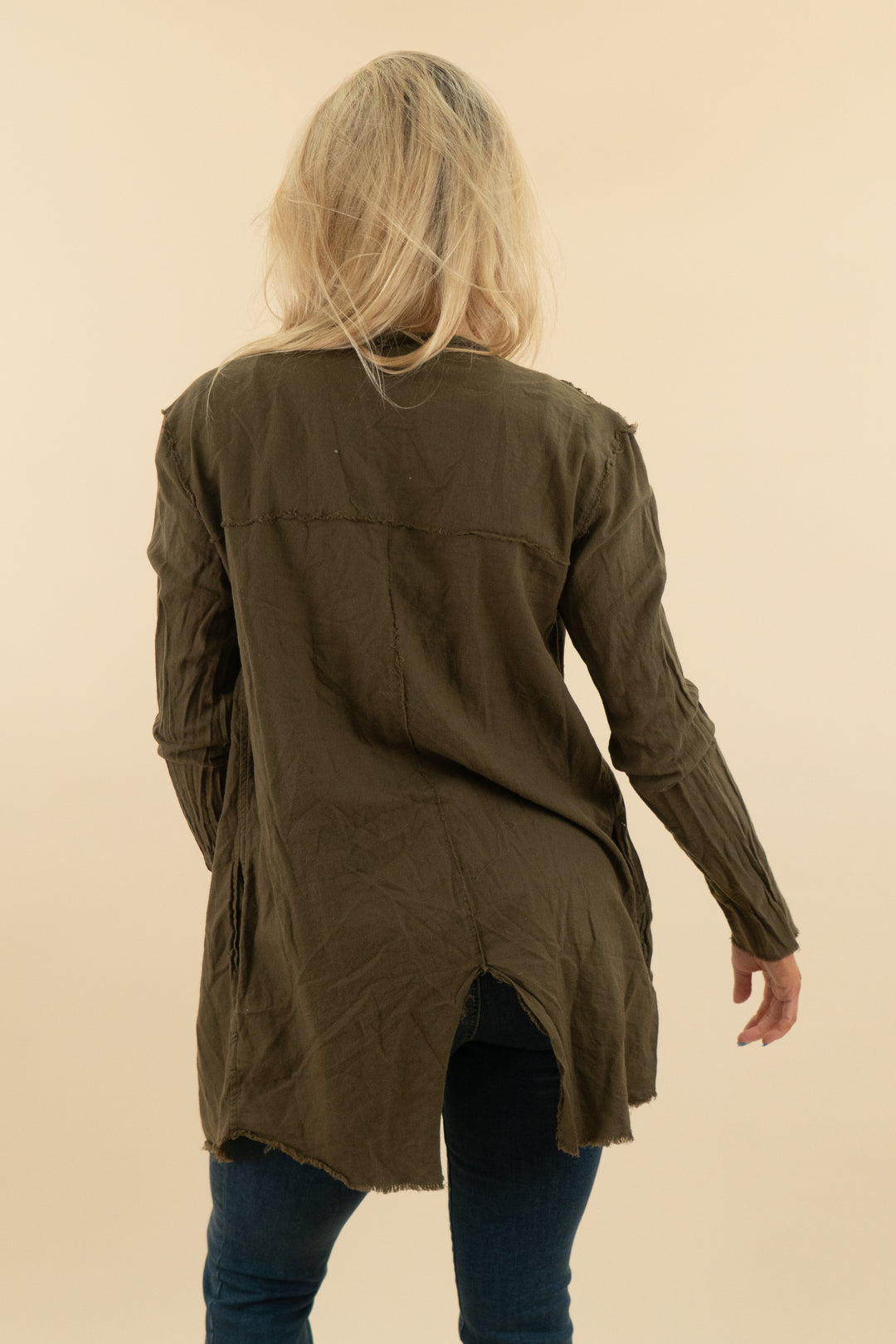 tribe kelley army green raw hem long sleeve button cardigan (s; retail $140)