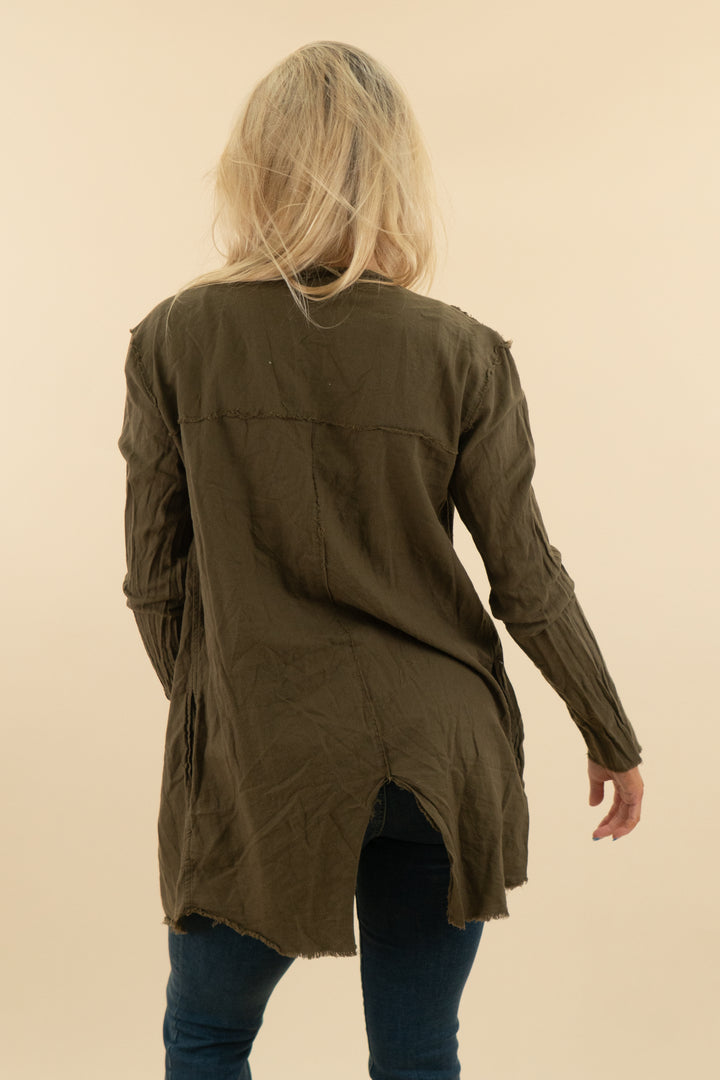 tribe kelley army green raw hem long sleeve button cardigan (s; retail $140)