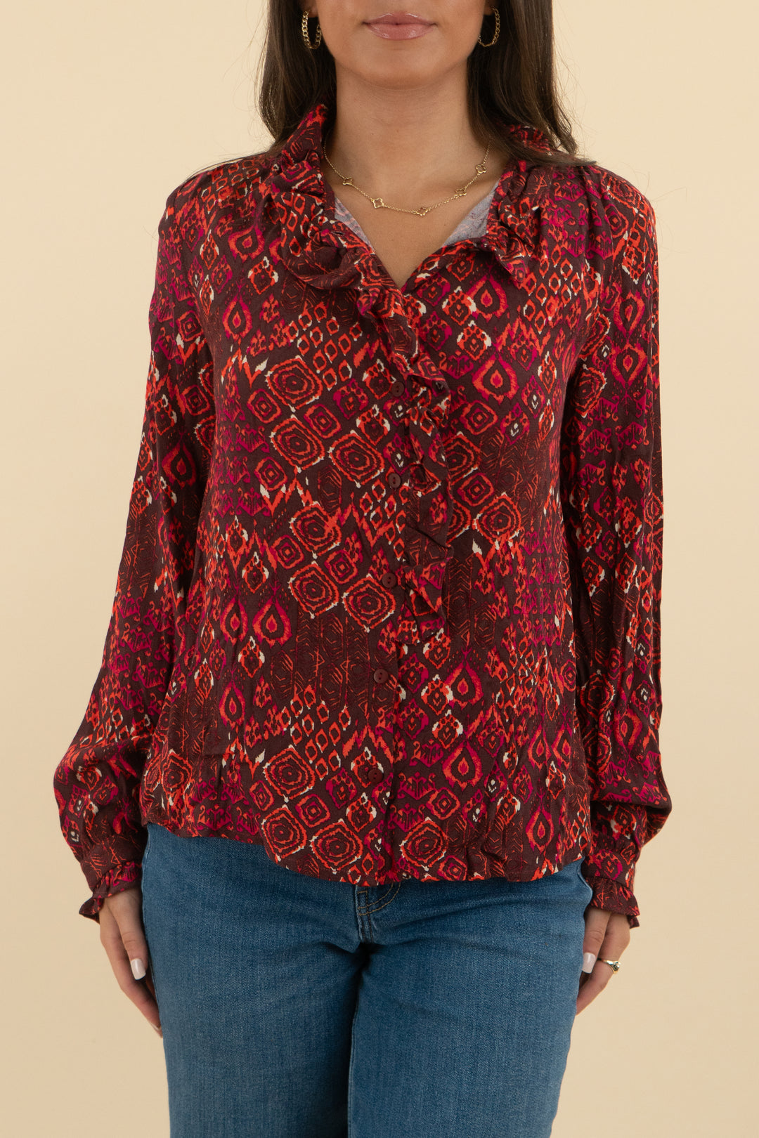 anna kay maroon patterned ruffle long sleeve top (s; retail $390)