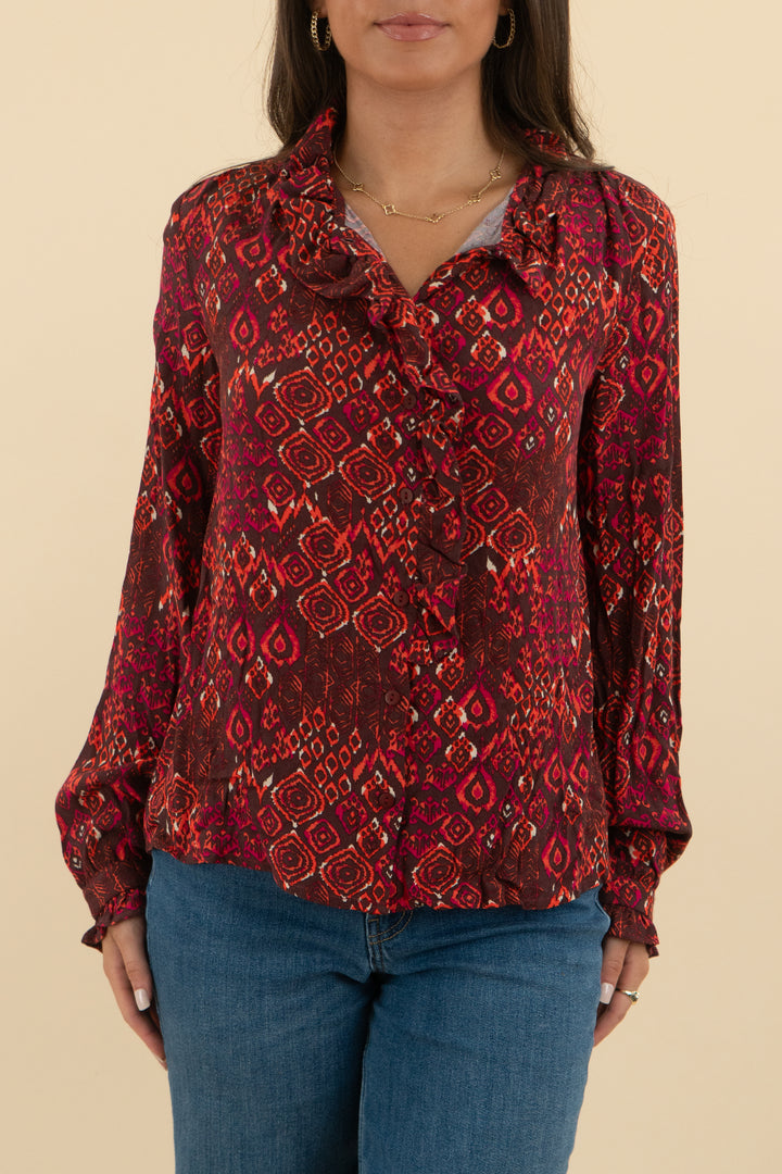 anna kay maroon patterned ruffle long sleeve top (s; retail $390)