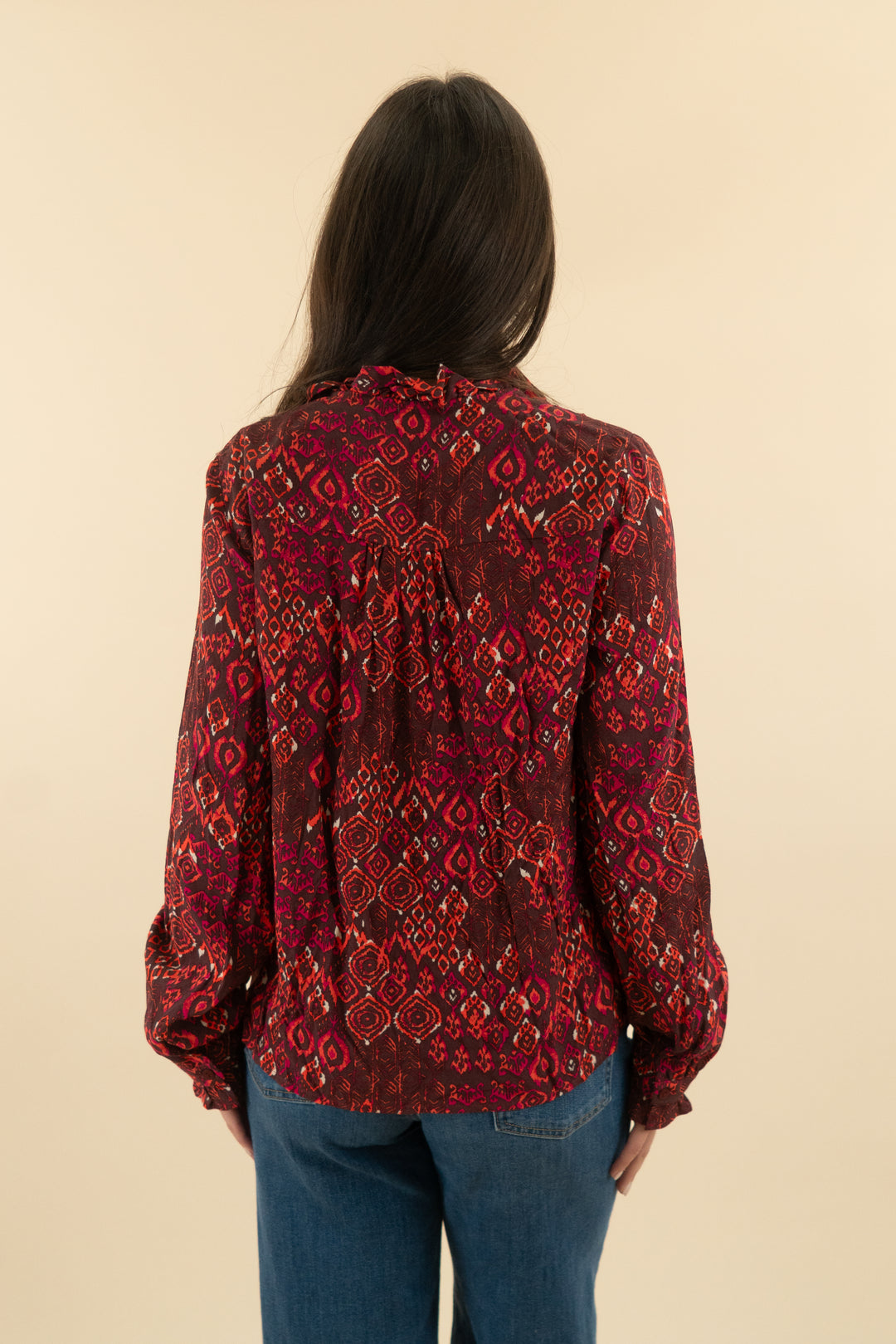 anna kay maroon patterned ruffle long sleeve top (s; retail $390)