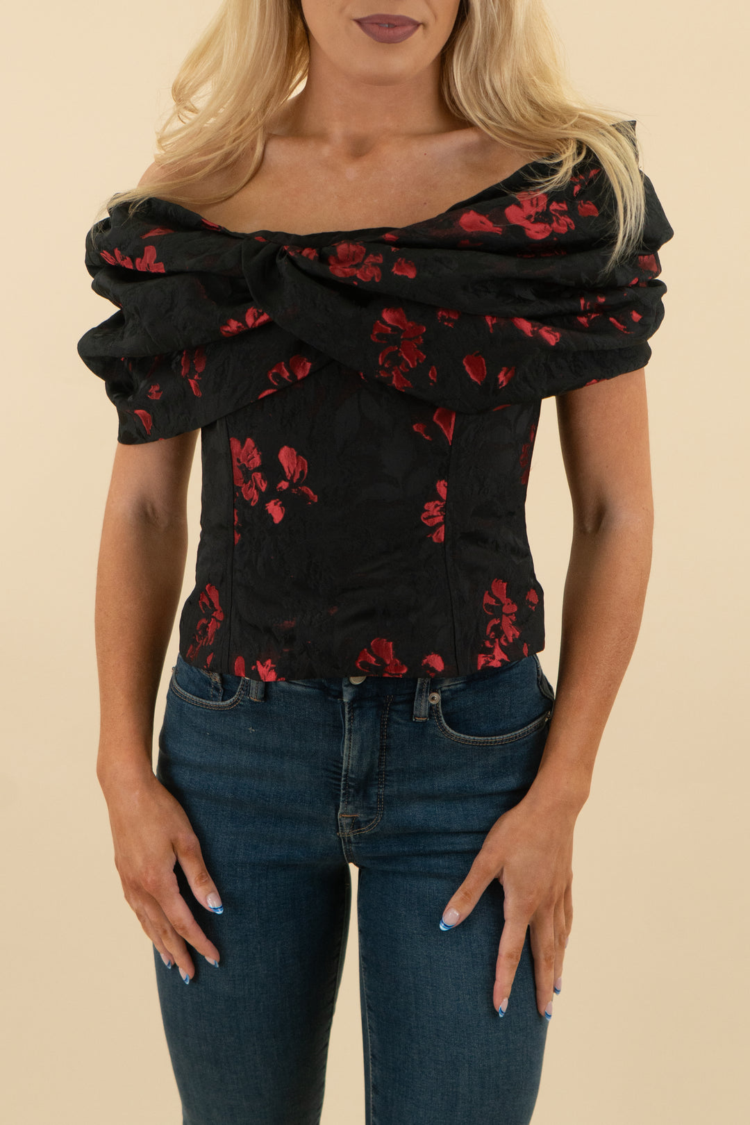 white house black market black and red floral jacquard top (2)