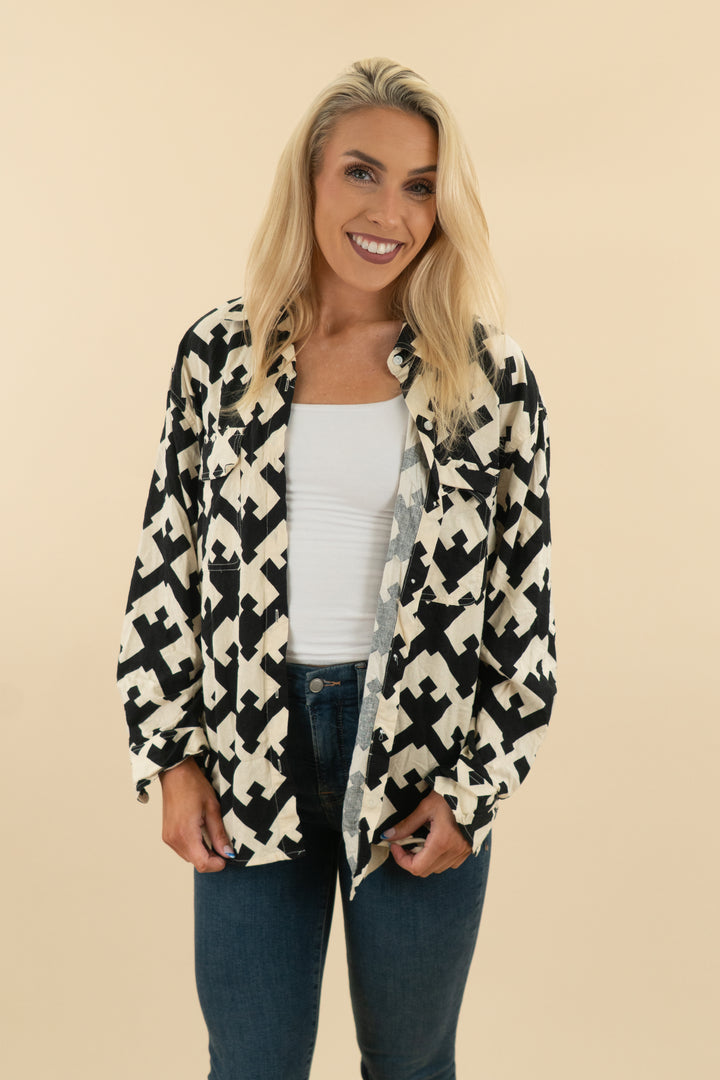future collective cream/black patterned button up (s; retail $30)