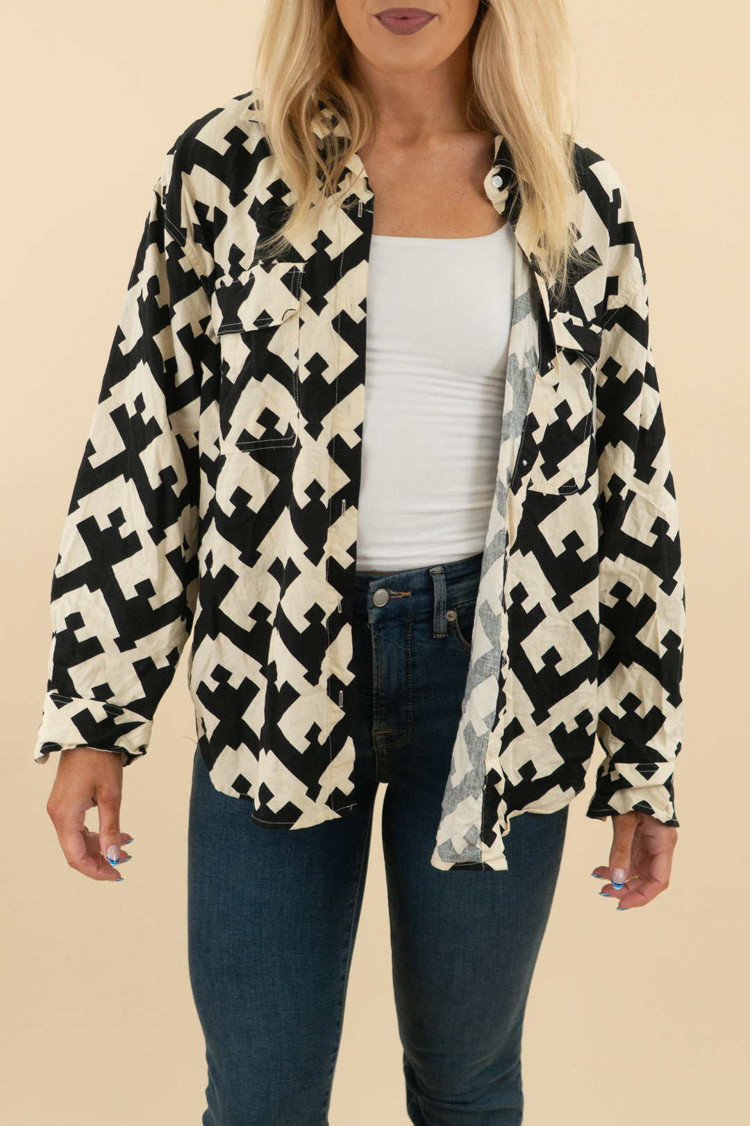 future collective cream/black patterned button up (s; retail $30)