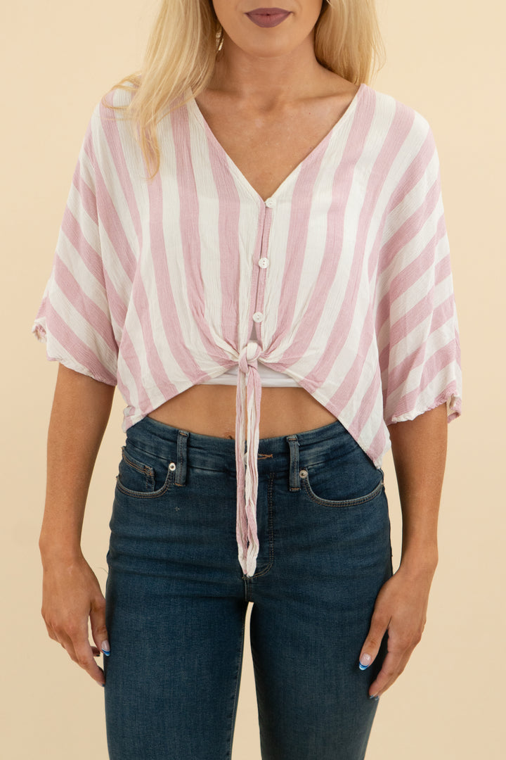 sadie & sage pink white striped flowy crop top (m; retail $50)