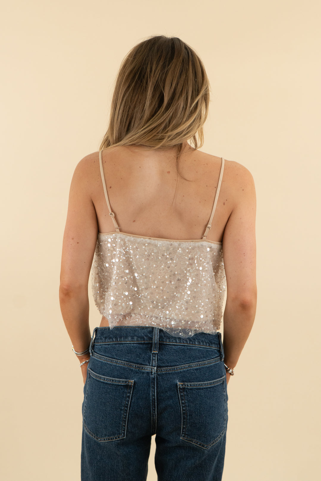 lucy paris beige and white embellished crop tank top (s; retail $64)
