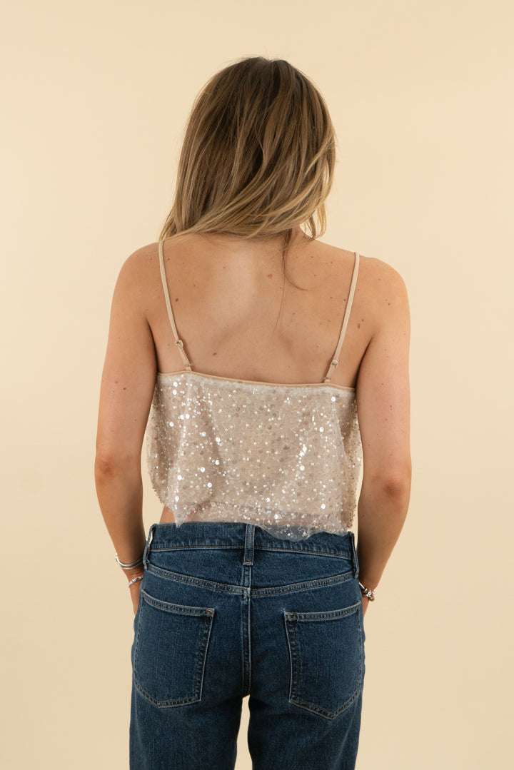 lucy paris beige and white embellished crop tank top (s; retail $64)