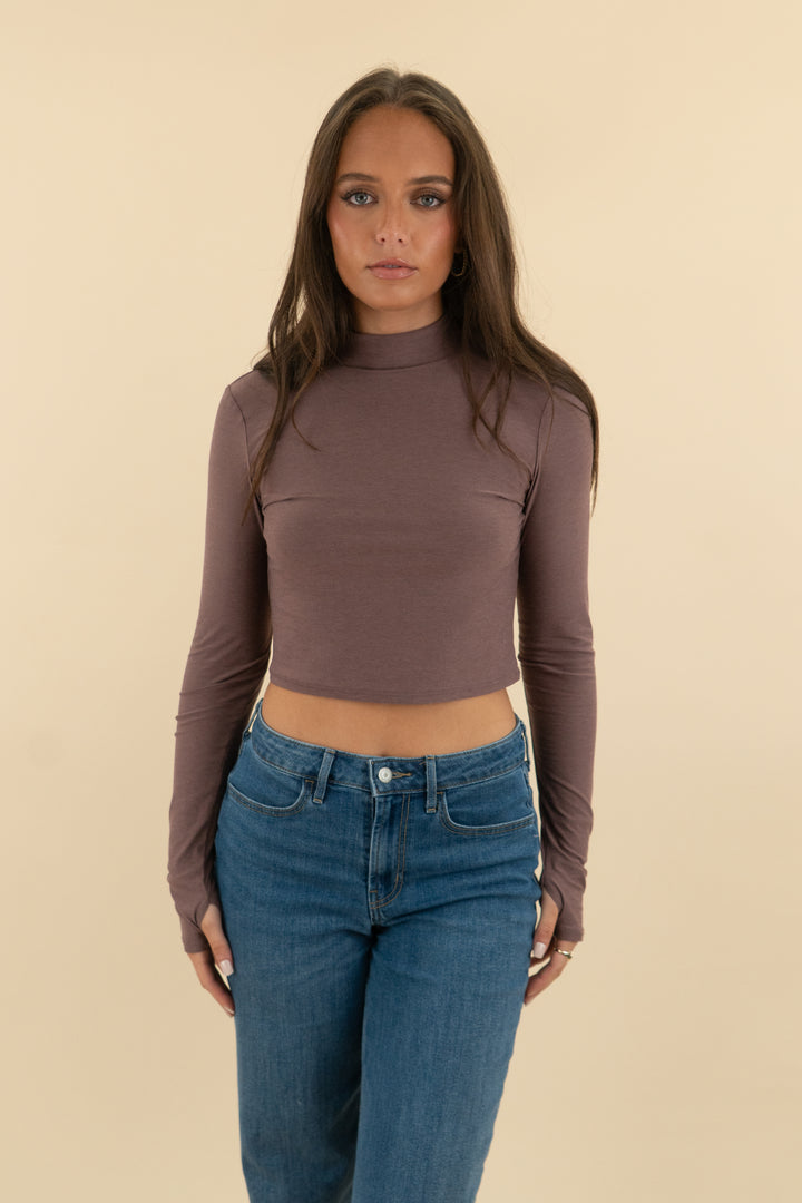 beyond yoga mocha mock neck activewear crop top (s; retail $68)
