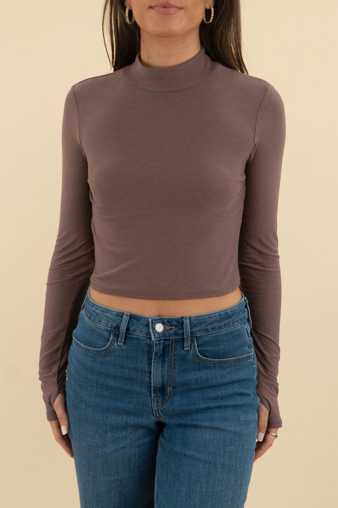beyond yoga mocha mock neck activewear crop top (s; retail $68)