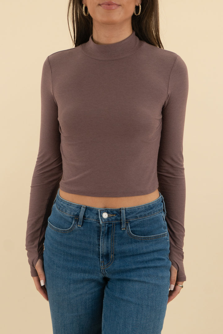 beyond yoga mocha mock neck activewear crop top (s; retail $68)
