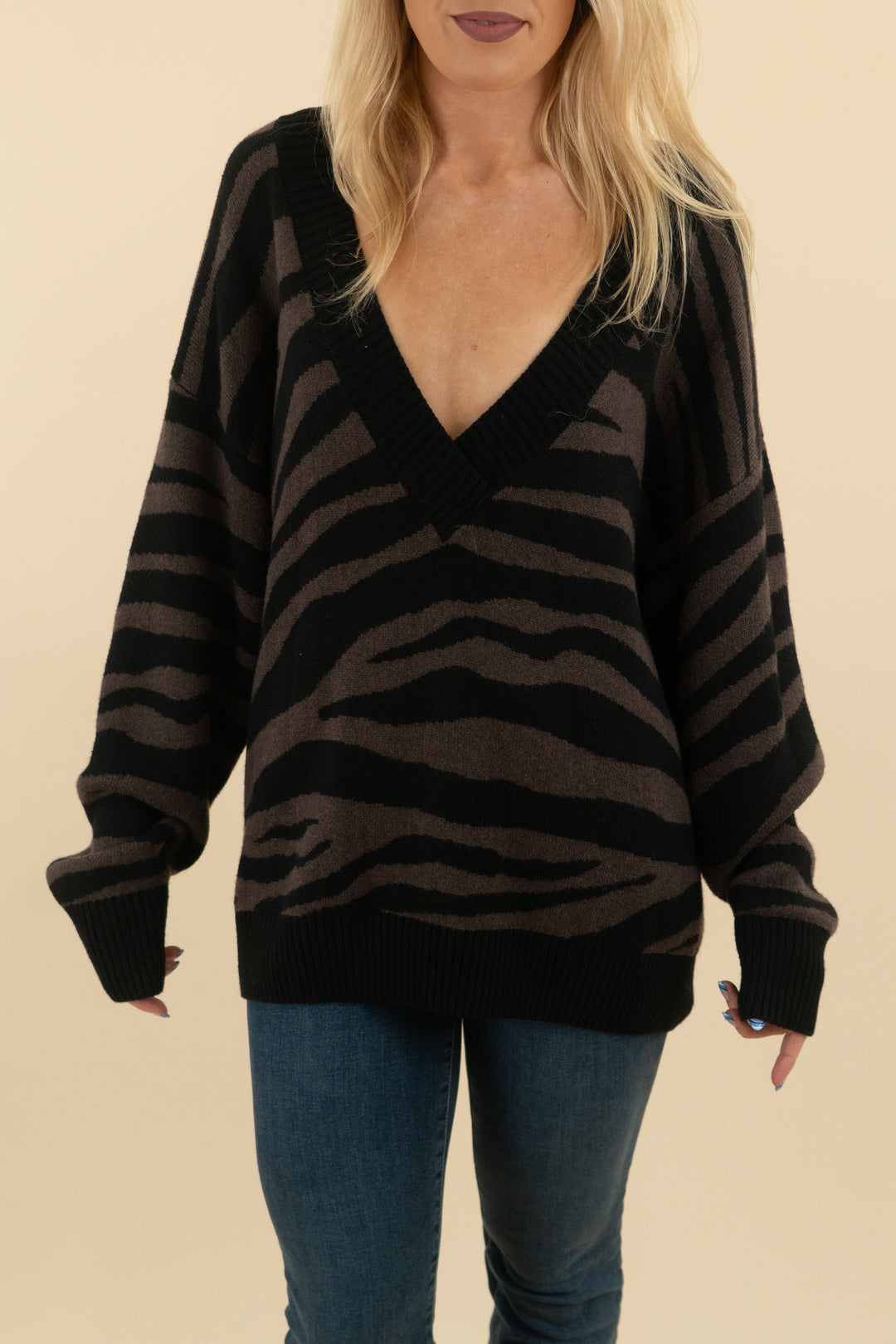 varley brown zebra print v neck sweater (s; retail $175)