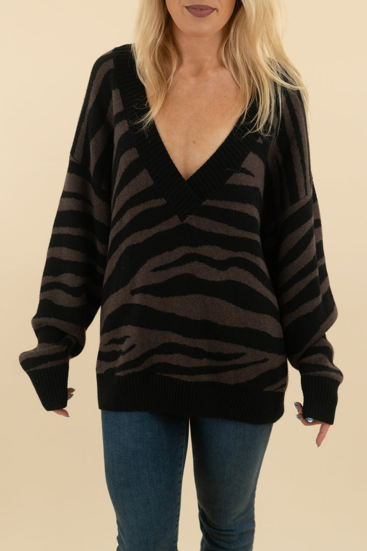 varley brown zebra print v neck sweater (s; retail $175)