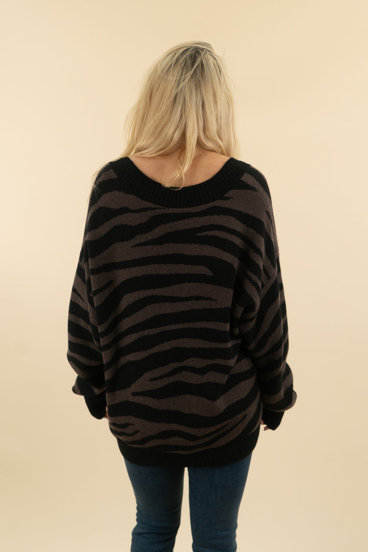 varley brown zebra print v neck sweater (s; retail $175)