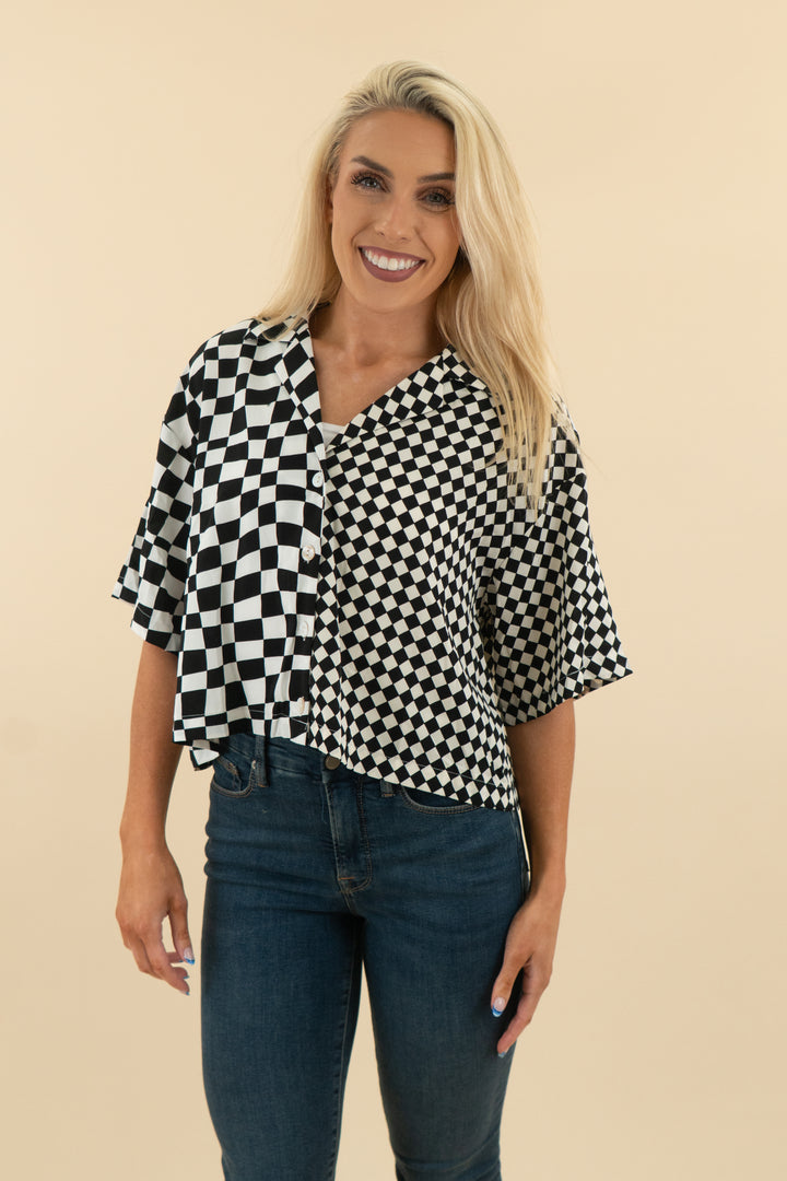 dee elly black and white square print button down top (s; retail $58)