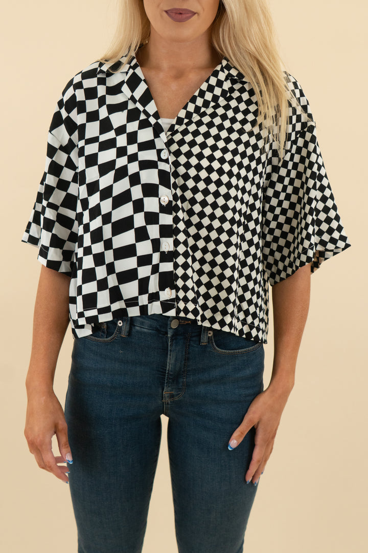 dee elly black and white square print button down top (s; retail $58)
