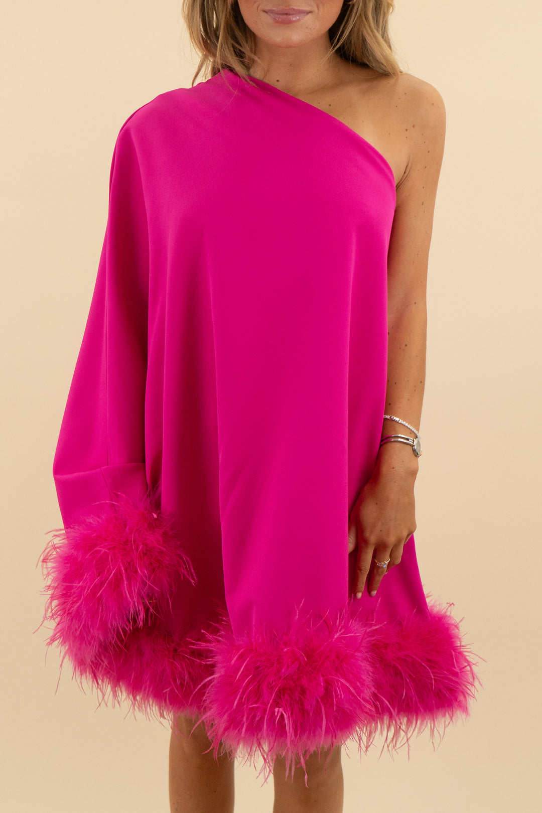 fuschia one shoulder feather dress trim (s)