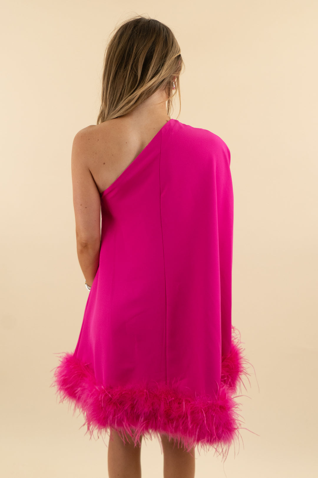 fuschia one shoulder feather dress trim (s)