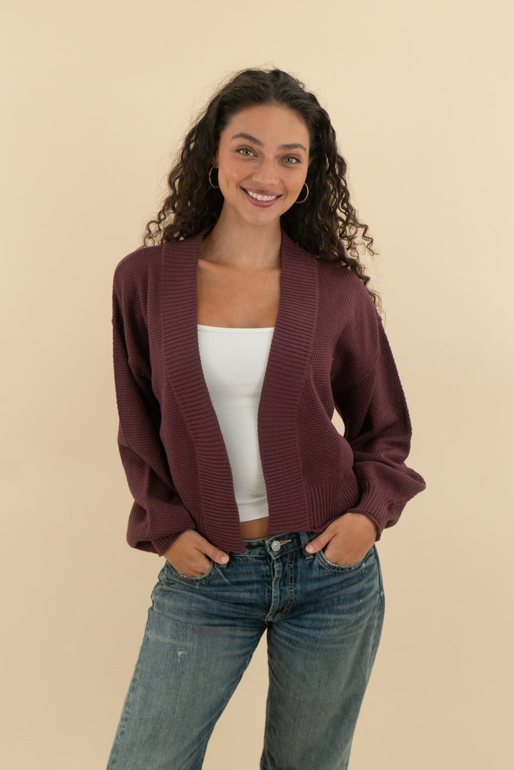 flat white maroon open front knit cardigan (os; retail $118)