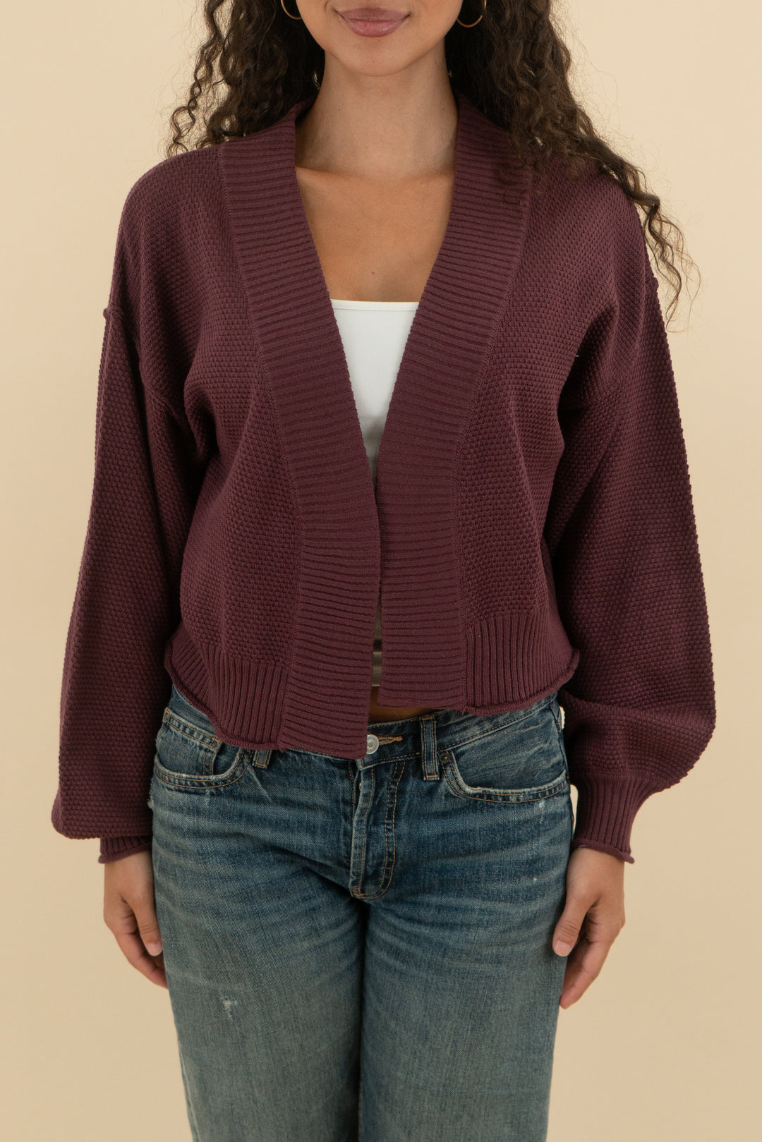 flat white maroon open front knit cardigan (os; retail $118)