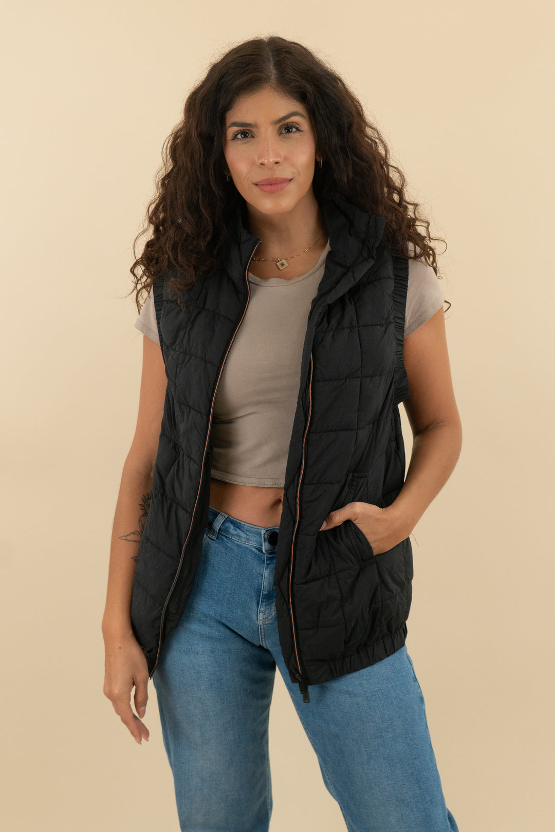 free people black puffer vest (s; retail $128)