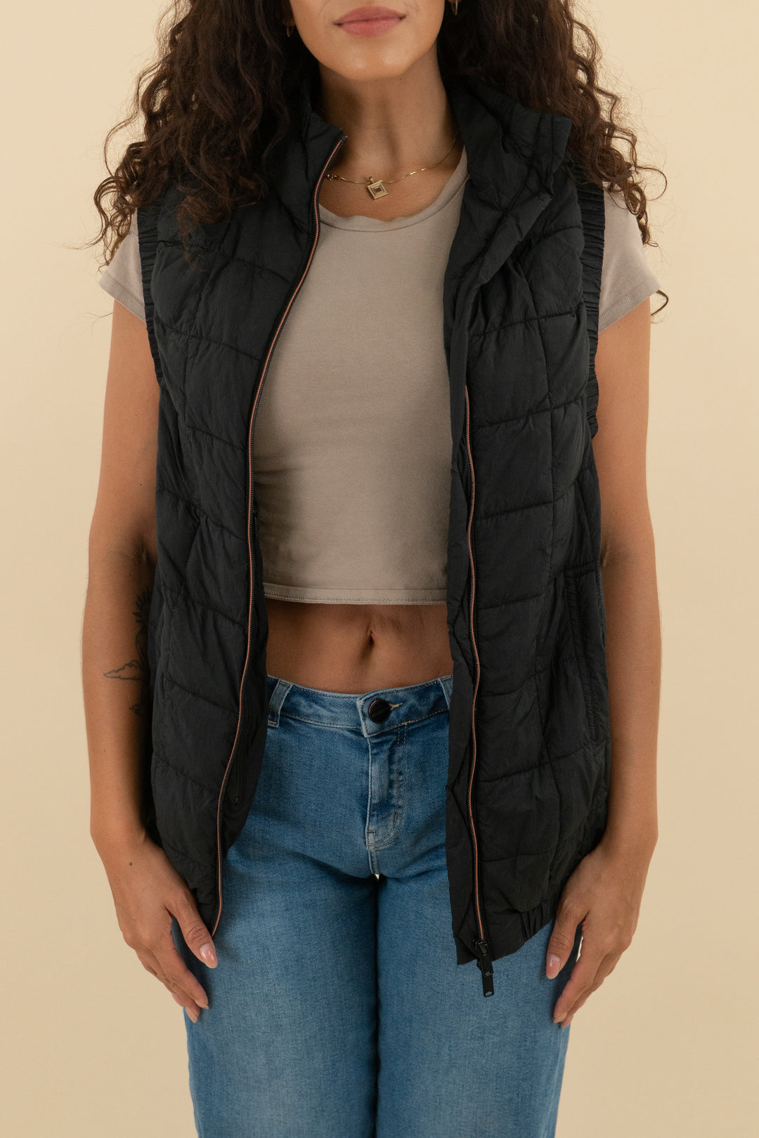 free people black puffer vest (s; retail $128)