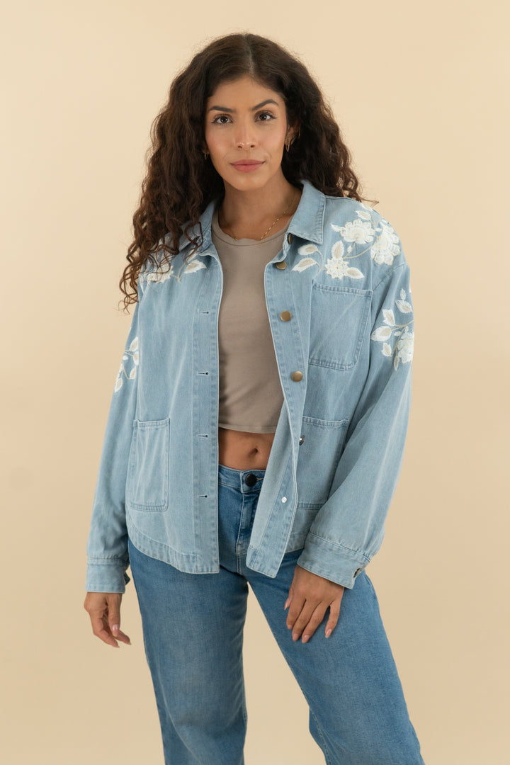 dolan light wash denim jacket with white floral embroidery nwt (m; retail $168)