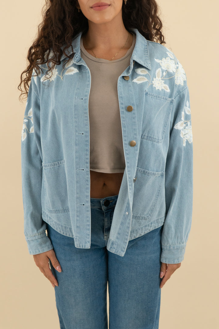 dolan light wash denim jacket with white floral embroidery nwt (m; retail $168)