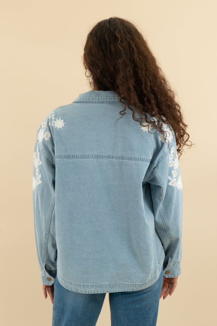 dolan light wash denim jacket with white floral embroidery nwt (m; retail $168)