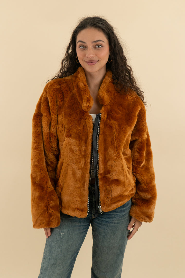 Free people Orange Faux Fur Jacket (m; retail $188)