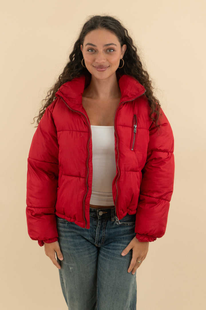 vici red cropped puffer jacket (m; retail $86)