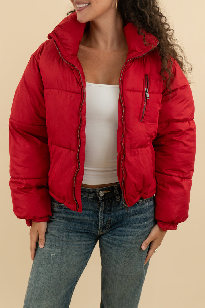 vici red cropped puffer jacket (m; retail $86)