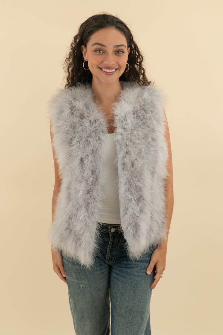 pello bello grey feather vest (os; retail $400)
