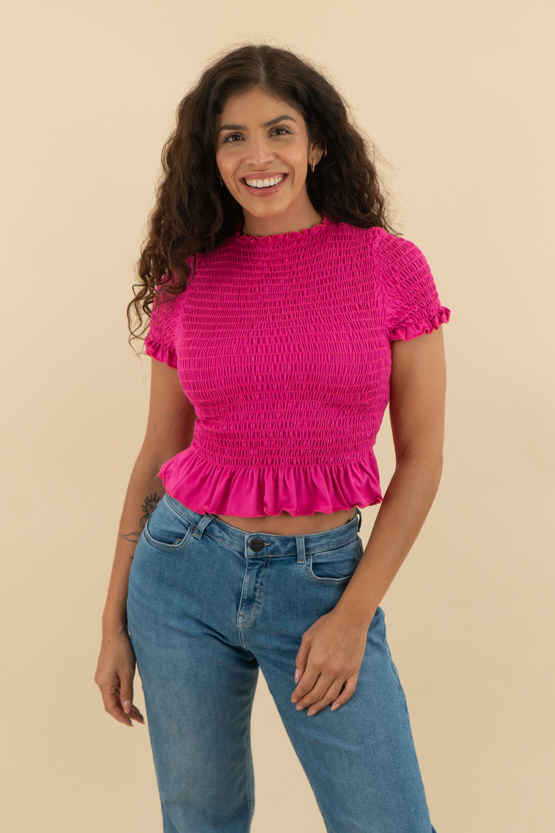aqua fuchsia smocked short sleeve top (s; retail $90)
